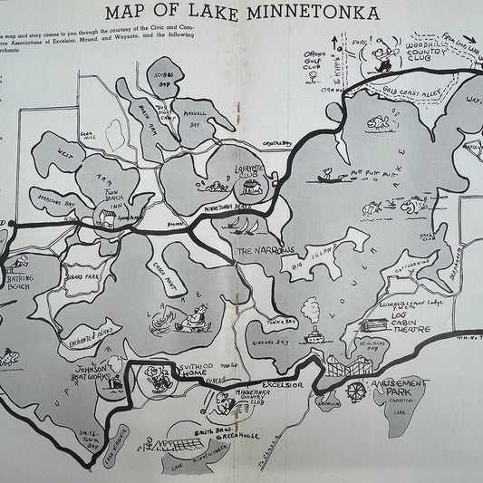 Map of Lake Minnetonka Illustrated With Local Businesses 1940 Fold Out D17