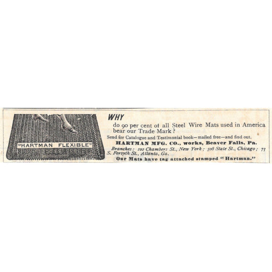 Steel Wire Mats Hartman Mfg Co Beaver Falls PA c1890 Victorian Ad AE8-CH13