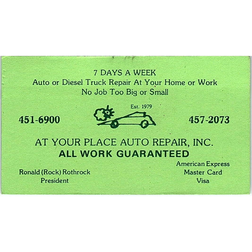 At Your Place Auto Repair Inc Ronald Rock Rothrock Vintage Business Card SE3-B14