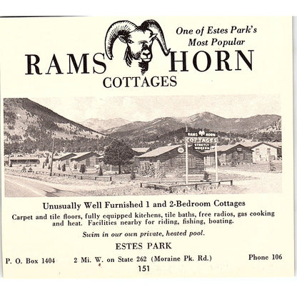 Rams Horn Cottages Estes Park CO 1958 Ad AG1-H4