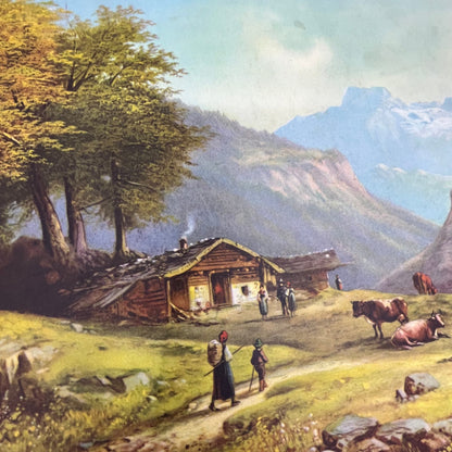 Swiss Alps, Cabin, Cows W/Family Vintage Art Print 12x16 FL6-3