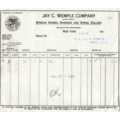 Jay C Wemple Co Window Shade NY 1910s Original Billhead Letterhead Receipt D8-LL