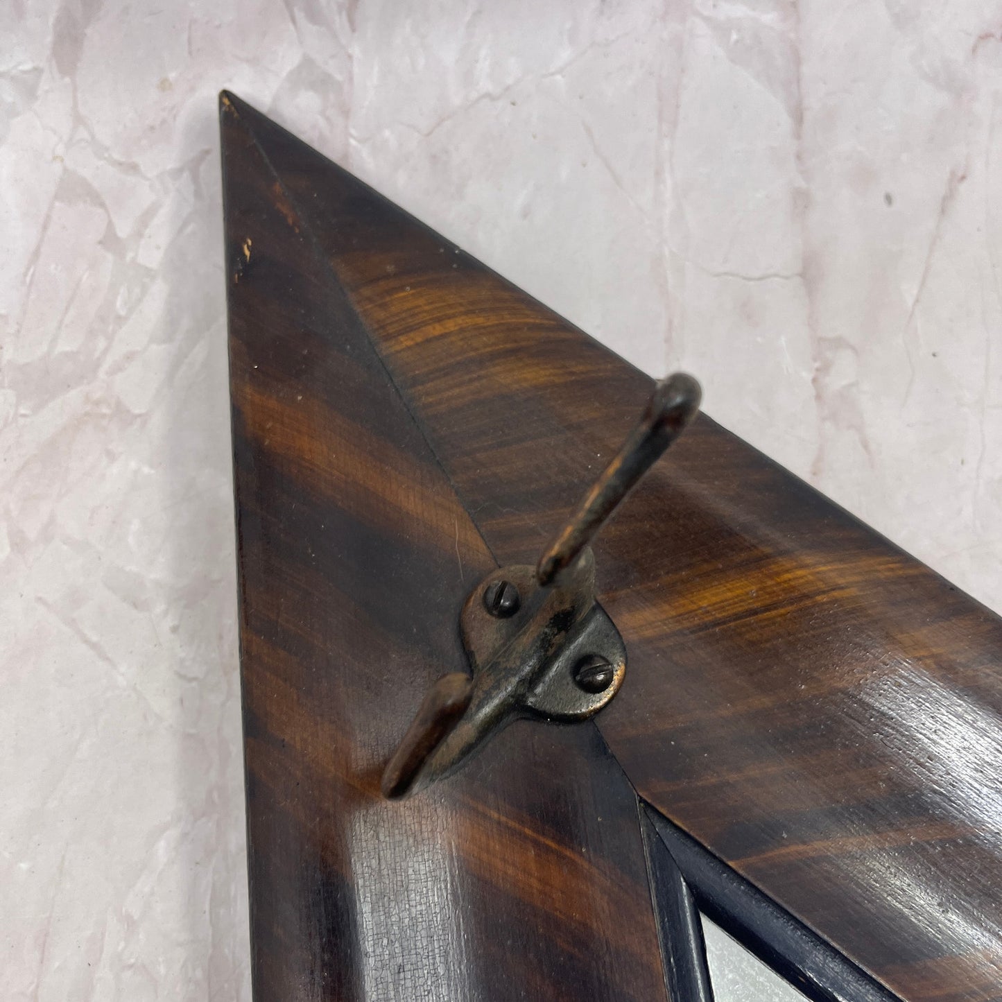 Antique Art Deco Tiger Oak Veneer Triangle Framed Mirror Hat Rack 27x13"