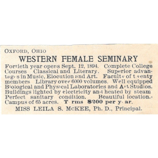 Western Female Seminary Leila S. McKee Oxford Ohio 1894 Ad AB6-S7