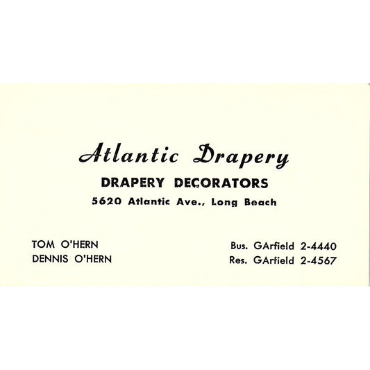 Atlantic Drapery Decorators, Tom & Dennis O'Hern CA Vintage Business Card SF3-B7