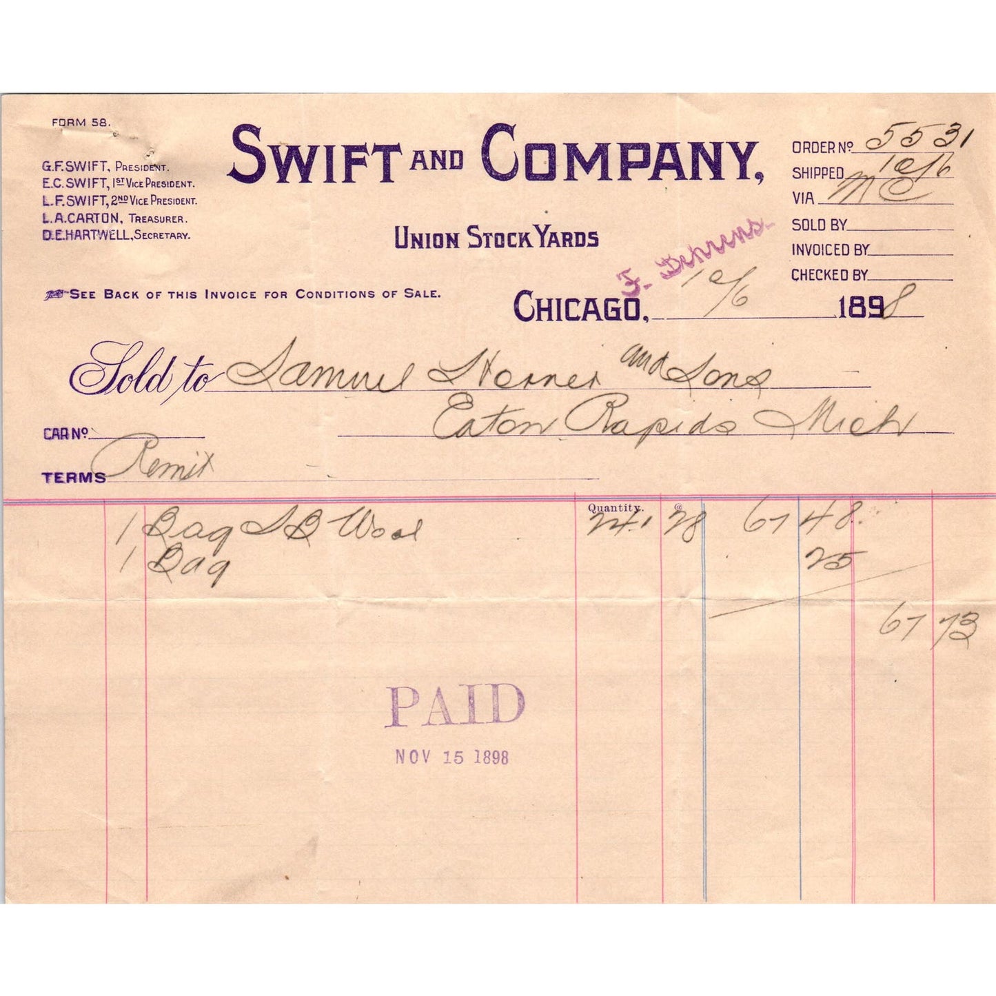 1898 Swift and Company Union Stock Yards Chicago Billhead Letterhead D17