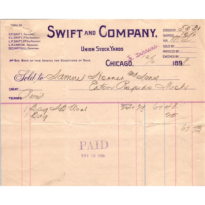 1898 Swift and Company Union Stock Yards Chicago Billhead Letterhead D17