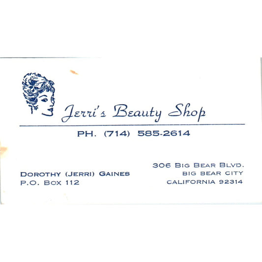 Jerri's Beauty Shop Dorothy Gaines Big Bear City Vintage Business Card SD8-B11
