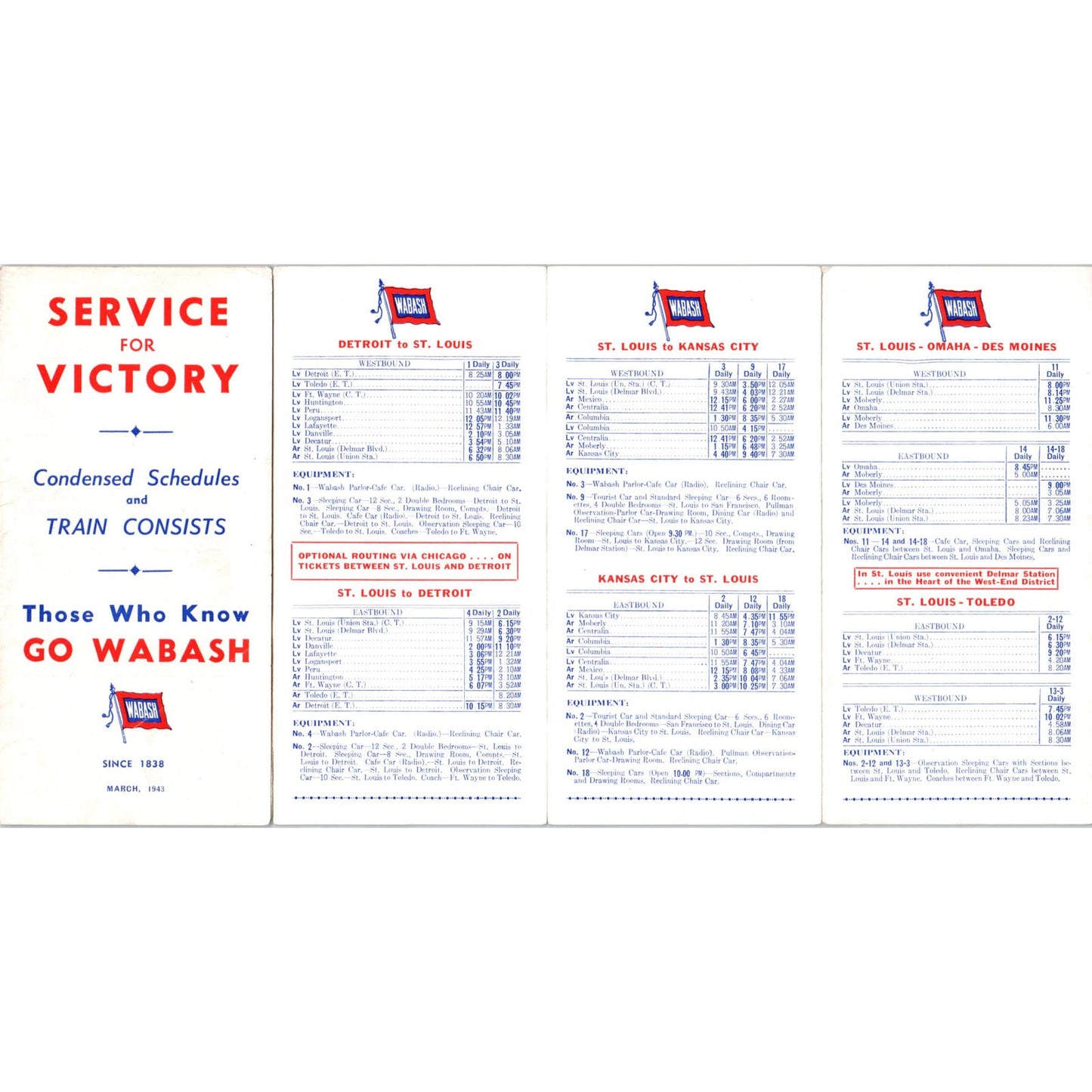 1943 WWII Wabash Railroad Timetables Condensed Schedules AB9