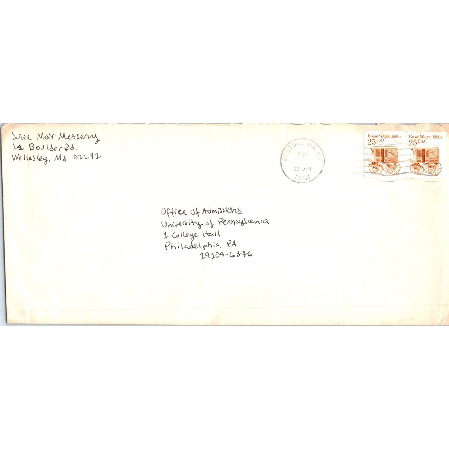 1991 Julie Messery Office of Admissions University Philadelphia Envelope TH9-L2