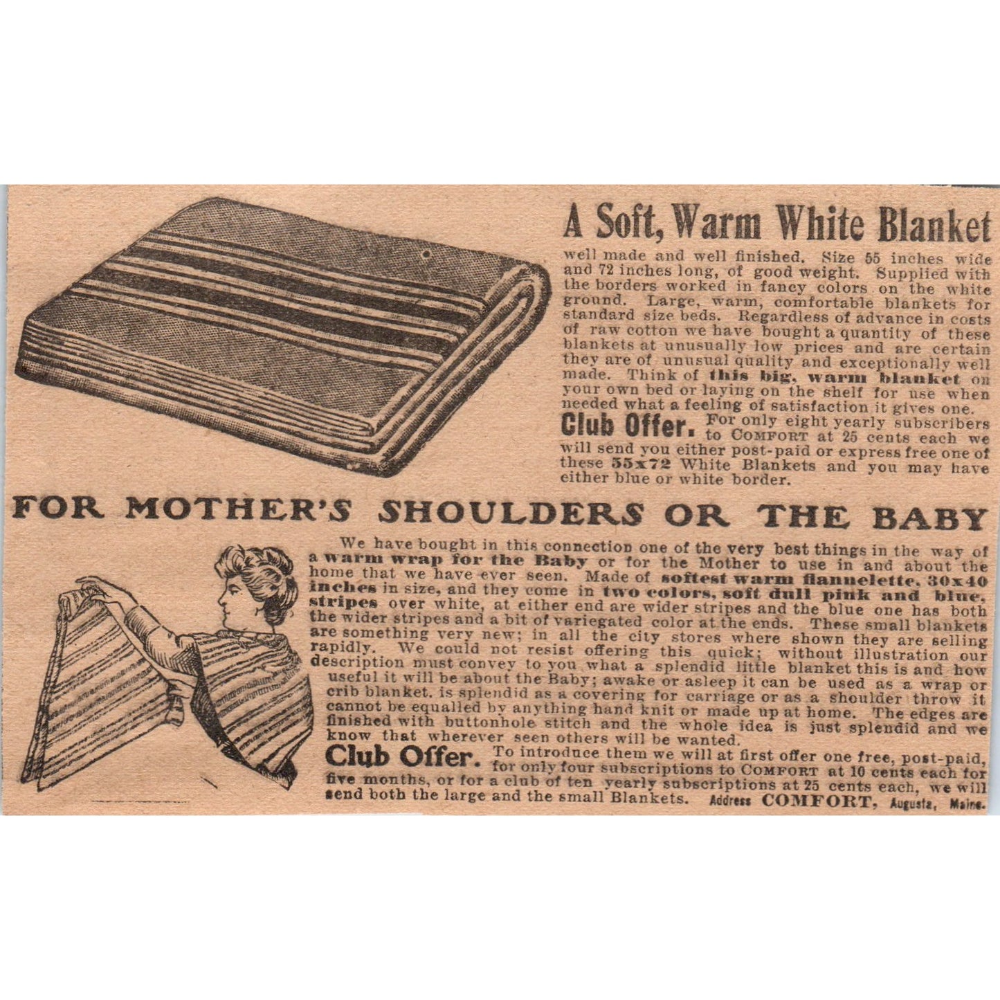 Soft White Blanket Club Offer Comfort Augusta Maine 1910 Magazine Ad AF1-CM5