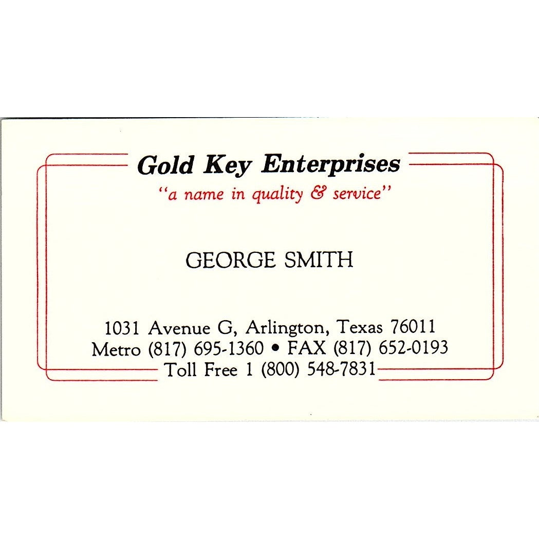 George Smith Gold Key Enterprises Arlington TX Vintage Business Card SD9-B12