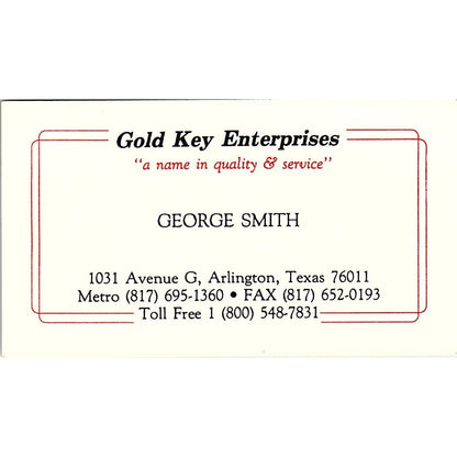George Smith Gold Key Enterprises Arlington TX Vintage Business Card SD9-B12