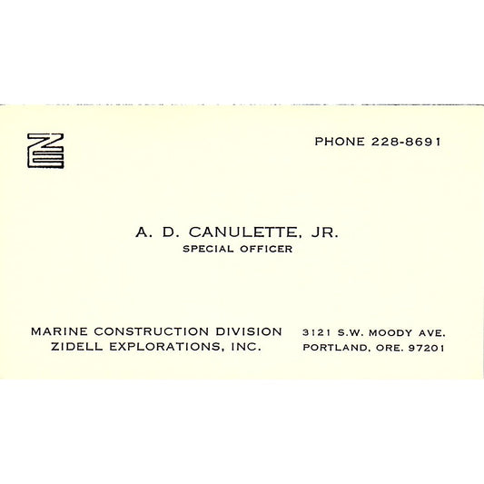 A.D. Canulette Jr Zidell Explorations Portland OR Vintage Business Card SD9-B8