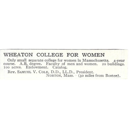Wheaton College for Women Samuel V. Cole Norton MA c1918 Advertisement AE5-SA11
