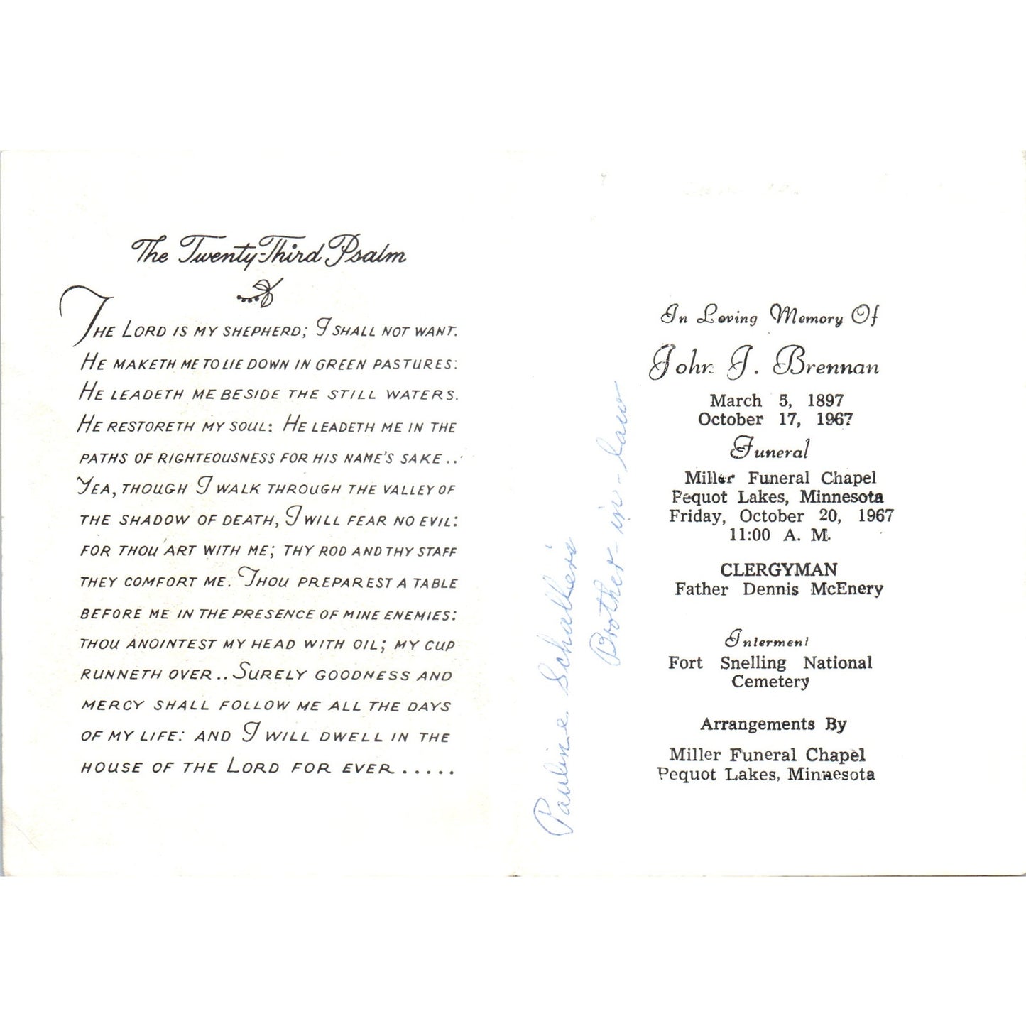 1967 Funeral Program John J. Brennan Pequot Lakes MN 23rd Psalm TH2-PC1