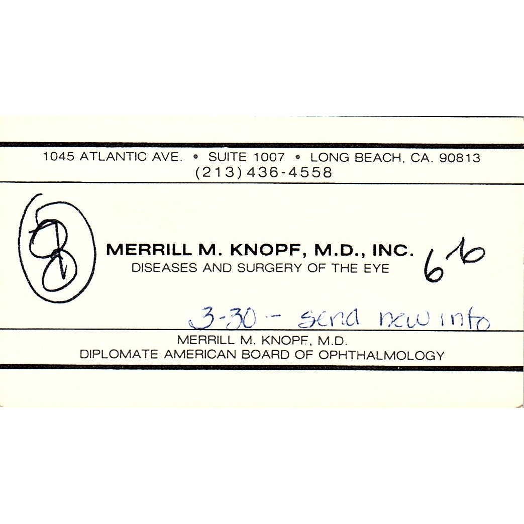 Diseases & Surgery of The Eye Merrill M Knopf Long Beach CA Business Card SB4-B3
