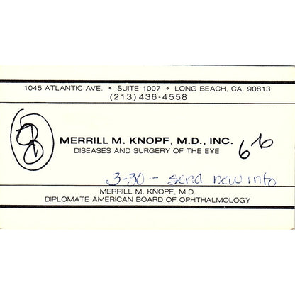 Diseases & Surgery of The Eye Merrill M Knopf Long Beach CA Business Card SB4-B3