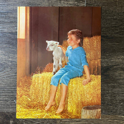 Retro Kitsch Girl in Barn On Hay Bale With Baby Lamb Embossed 7x10 Art Print V2