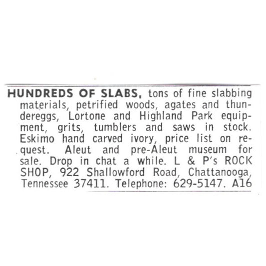 L&P's Rock Shop Lapidary Slabs Chattanooga Tennessee 1972 Ad AF8-S12