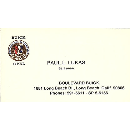 Boulevard Buick Paul L Lukas Long Beach Vintage Business Card SD9-B11