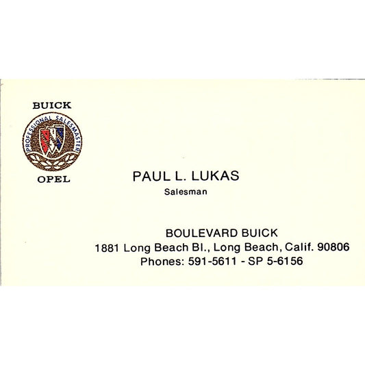 Boulevard Buick Paul L Lukas Long Beach Vintage Business Card SD9-B11