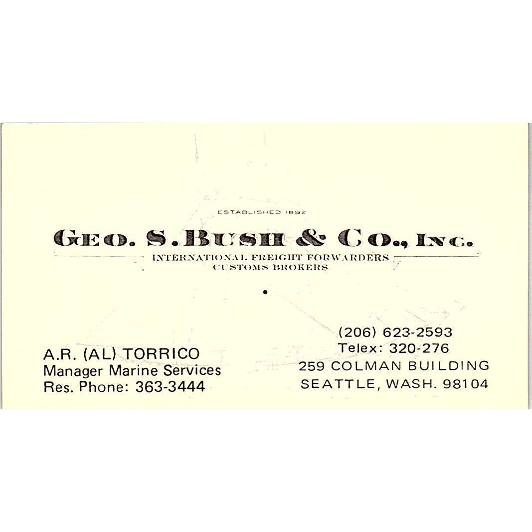Geo S Bush & Co A.R. Al Torrico Seattle WA Vintage Business Card SC9-B2