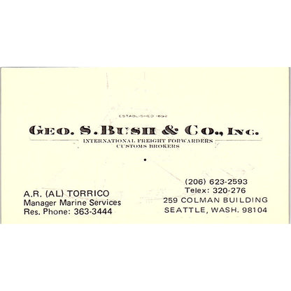 Geo S Bush & Co A.R. Al Torrico Seattle WA Vintage Business Card SC9-B2