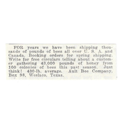 Ault Bee Company Weslaco Texas 1926 Ad AG3-S22