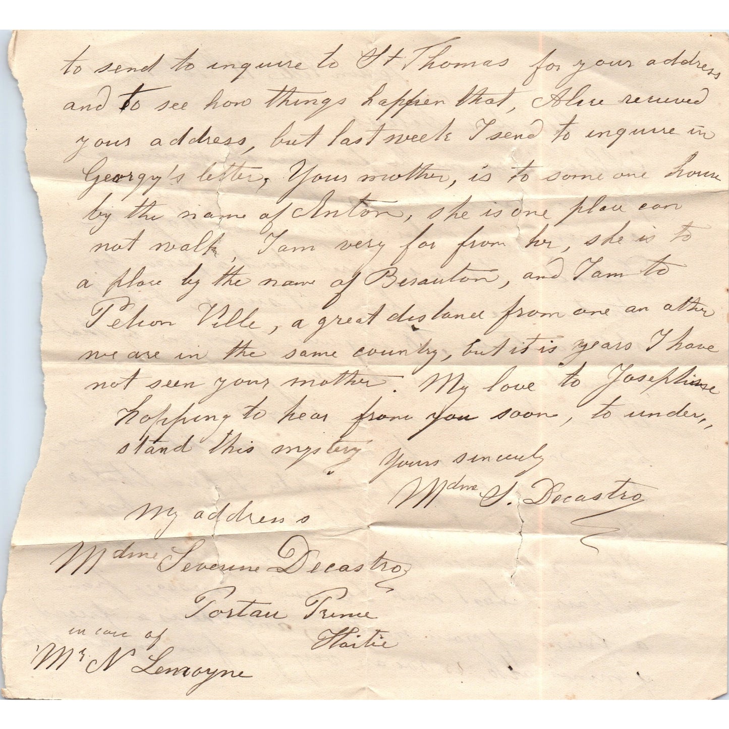 1921 Handwritten Letter Tejon Ville Port Au Prince Haiti Madame Decastro AB6-OD1