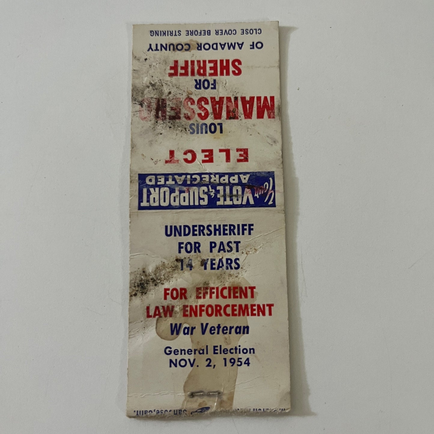 Elect Louis Manassero Sheriff Amador County 1954 Matchbook Cover TE2-MKO-4