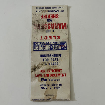 Elect Louis Manassero Sheriff Amador County 1954 Matchbook Cover TE2-MKO-4