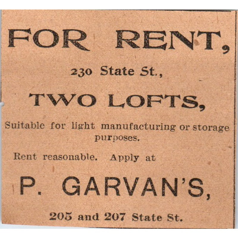 P. Garvan's State Street Lofts for Rent Hartford 1901 Newspaper Ad AD8-HS1
