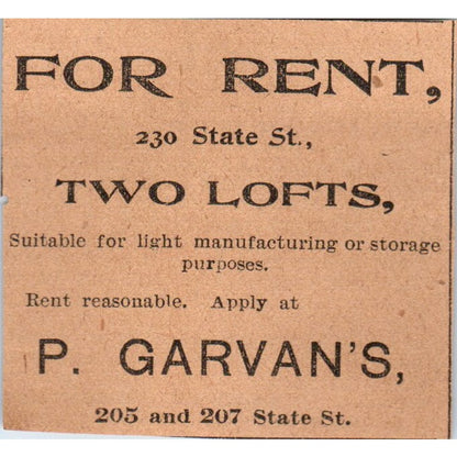 P. Garvan's State Street Lofts for Rent Hartford 1901 Newspaper Ad AD8-HS1