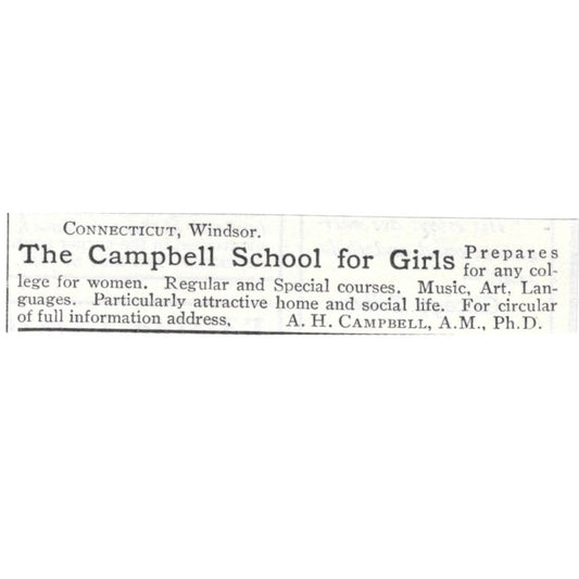 The Campbell School for Girls Windsor CT A.H. Campbell 1903 Magazine Ad AF7-SS5