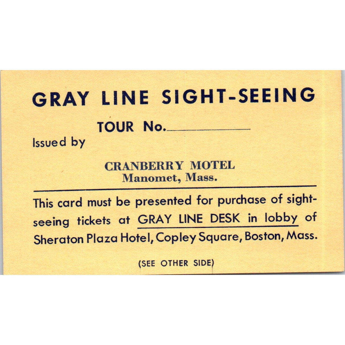 Vintage Gray Line Sightseeing Tour Card Cranberry Motel Manomet MA TH9-CB