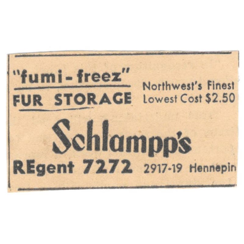 Schlampp's Fumi-Freez Fur Storage 1935 Minneapolis Journal Advertisement AE7-H3