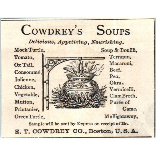 E.T. Cowdrey's Soups Boston c1890 Victorian Ad AE8-CH8