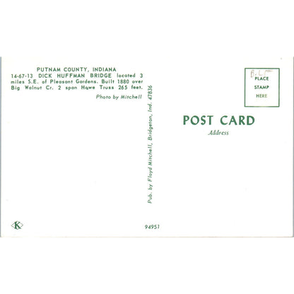 Dick Huffman Bridge 14-67-13 Putnam County Vintage Covered Bridge Postcard PD1