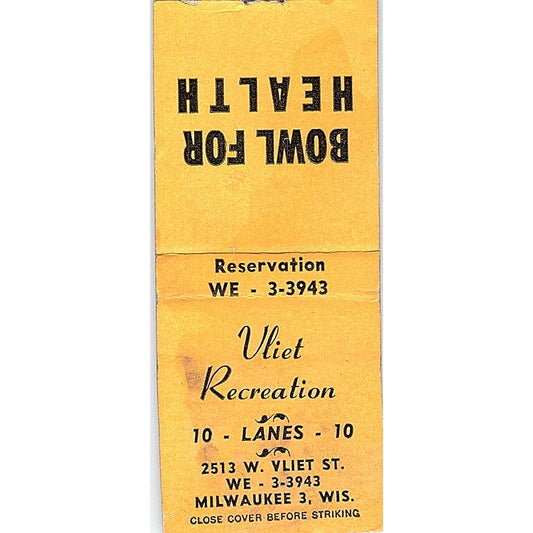 Vliet Recreation Bowling Lanes Milwaukee Vintage Matchbook Cover SC7-Y5