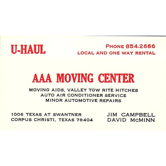 AAA Moving Center Jim Campbell Corpus Christi Texas Vintage Business Card SB4-B6