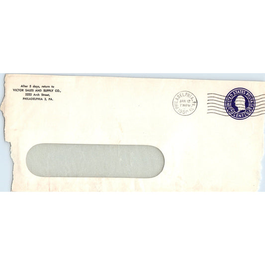 1950 Victor Sales and Supply Co Philadelphia PA Postal Cover Envelope TH9-L2