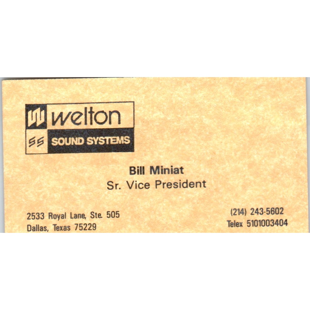 Bill Minist Welton Sound Systems Dallas Texas Vintage Business Card SD8-B5