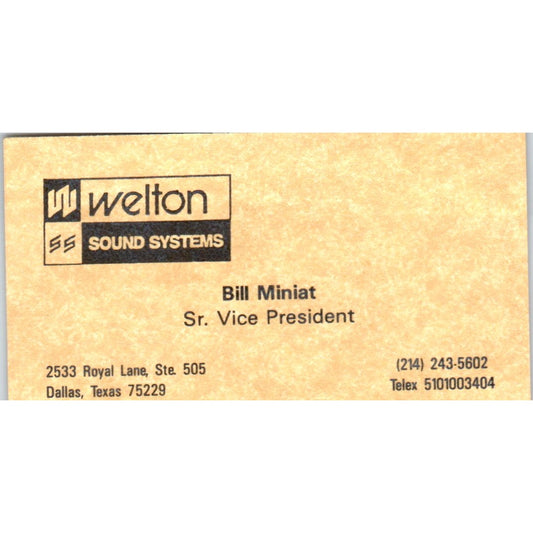 Bill Minist Welton Sound Systems Dallas Texas Vintage Business Card SD8-B5