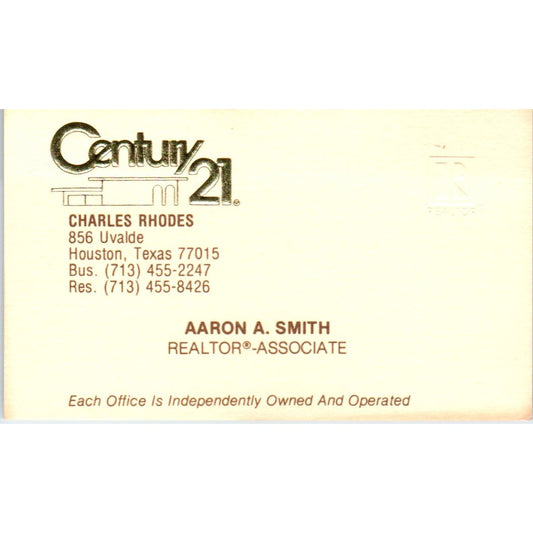 Aaron A. Smith Charles Rhodes Century 21 Realty Houston TX Business Card SD4-B5