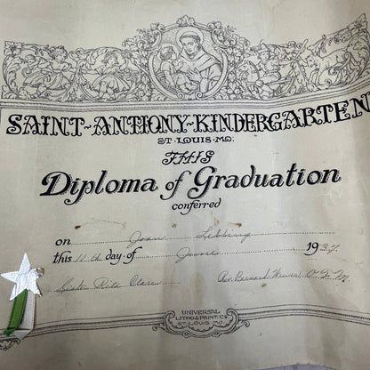 1937 St. Anthony Kindergarten Diploma of Graduation St. Louis MO List FL6-1