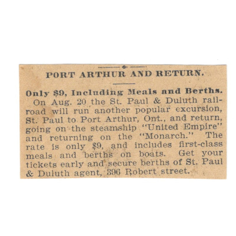 St. Paul & Duluth Railroad Port Arthur & Return 1898 Newspaper Ad AF2-S3