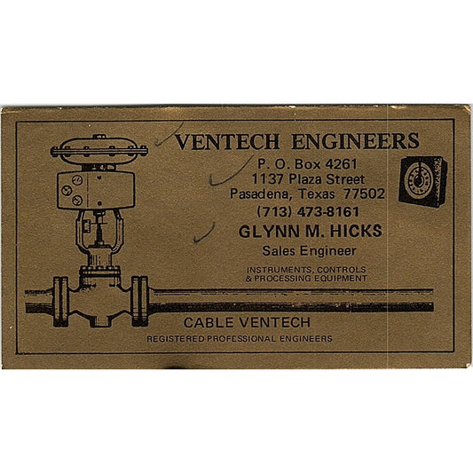 Ventech Engineers Glynn M. Hicks Pasadena Texas Vintage Business Card SF3-B5