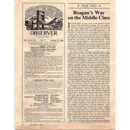 The Texas Observer Oct 1984 Cover Only - Ronald Reagan Caricature 1984 Ad AF6-9