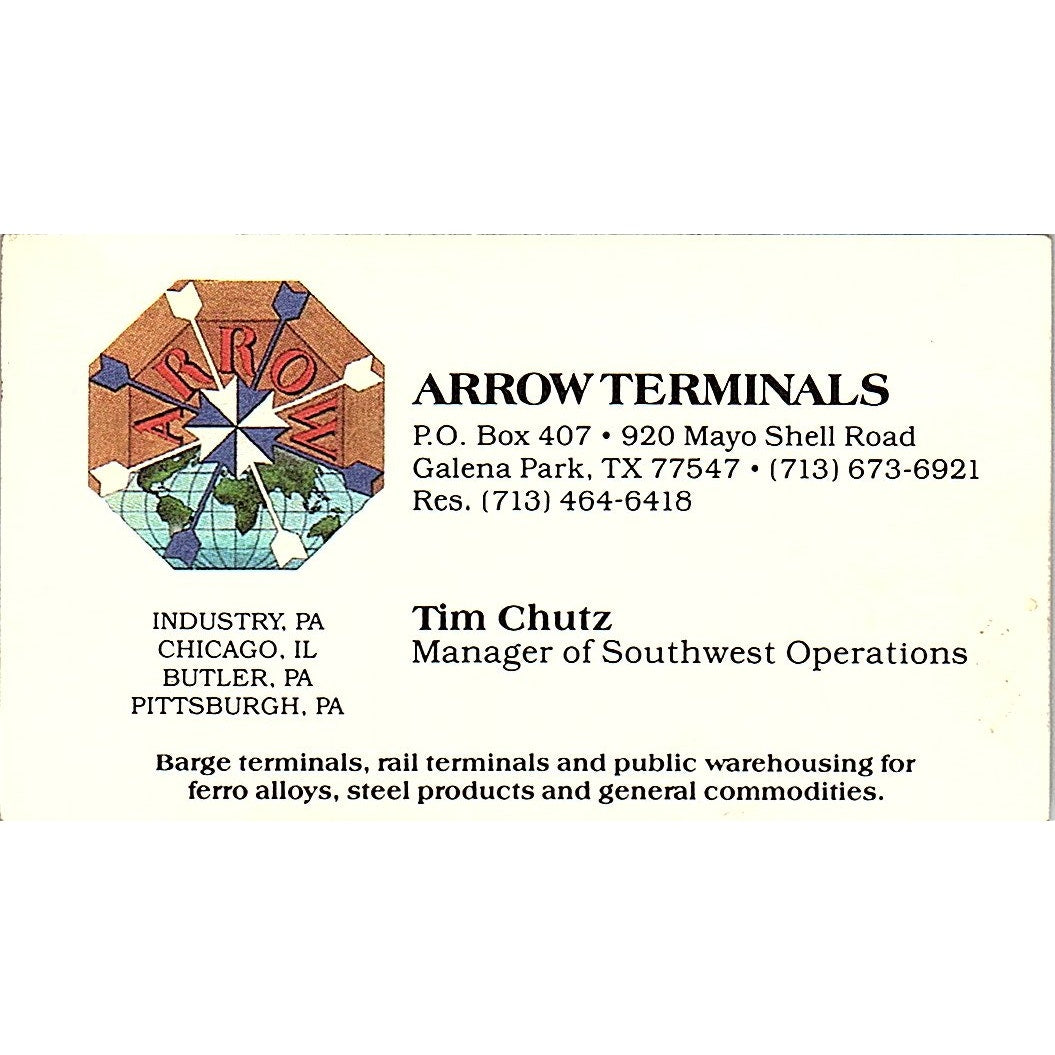 Tim Chutz Arrow Terminals Galena Park TX Vintage Business Card SD9-B12